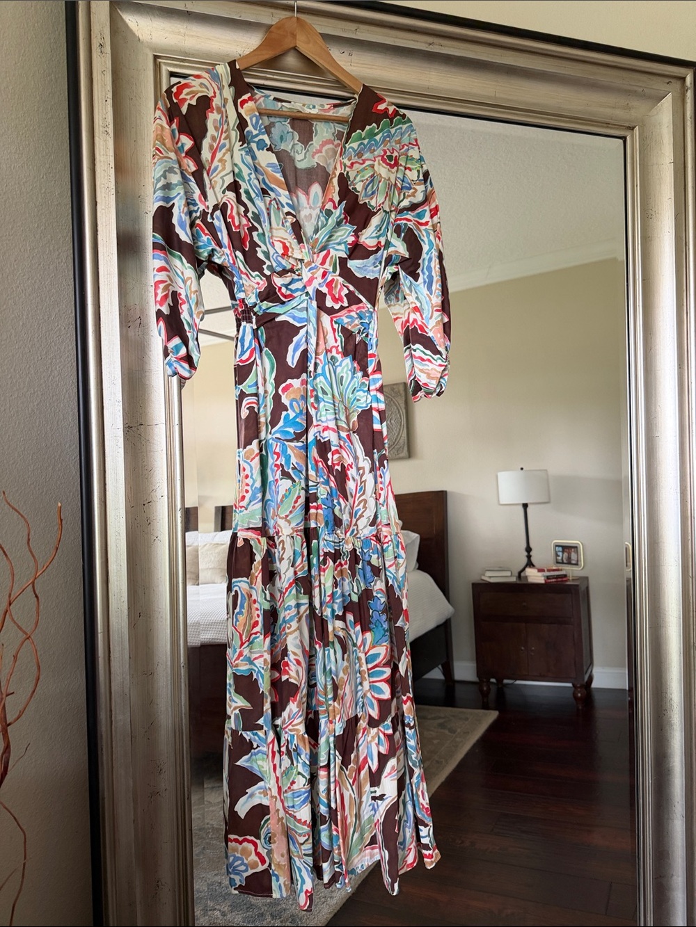 NWOT Zara Brown Maxi Dress with Blue, Pink & Cream Floral Print